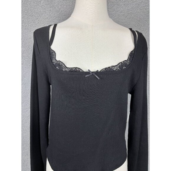 Sugar Moon Juniors' Women's Black Long Sleeve Lace-Trim Top Size XL NWT's - Picture 2 of 8